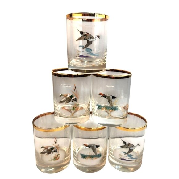 Culver Ned Smith 22k Gold Rim Duck Waterfowl Double Old-Fashioned Glasses Set Of - Picture 1 of 16